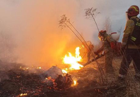 В «Угре» добровольные лесные пожарные тушат ландшафтные пожары